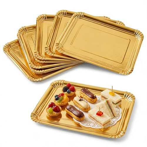 PAMPOLS Pack de 100 Bandejas de Cartón 18X24 cm | Ideales para presentar canapés, repostería y aperitivos varios | Bandejitas muy versátiles | Color Oro