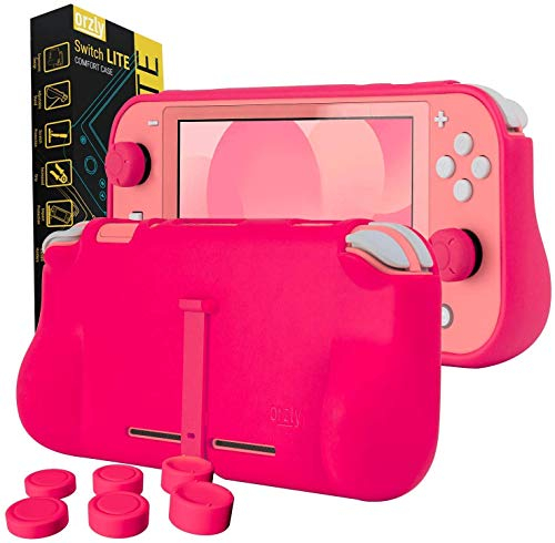 Orzly Coque pour Nintendo Switch Lite – Grip Case, Coque de Protection pour l'arrière de la Console Switch Lite en Mode “Gamepad” avec poignées rembourrées & Support intégrées, et Thumbgrips - Rose