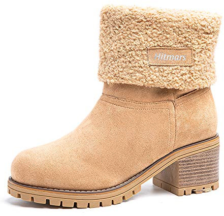 Hitmars Stivali Donna Invernali Stivaletti Camoscio Boots con Tacco Largo 6CM Stivali Foderati Caldi Scarpe Eleganti Comodi Moda Cachi EU 38