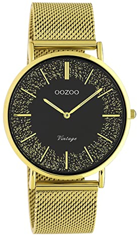 Oozoo Flache Vintage Damenuhr mit Milanaise-Metallarmband aus Edelstahl mit Pailletten im Zifferblatt, 40 mm, c20137 Gold schwarz Gold, groß, Armband
