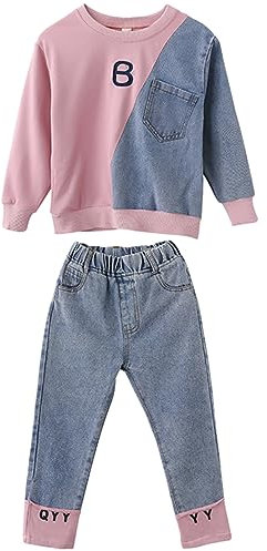 amropi Filles Ensembles Pantalon et Haut Sweats Survêtement Jeans Jogging Vêtement Rose-1 Bleu, 9-10 Ans