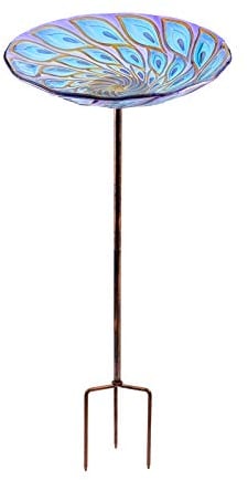 Vogeltränke aus Glas, 66 cm hoch, mit Metallpfahl für Garten, Rasen, Hof, Pfau