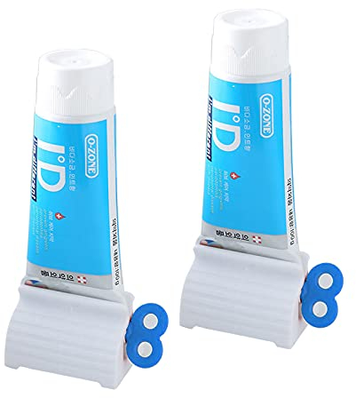 2Pcs Rolling Tube Toothpaste Squeezer with Rolling Toothpaste Holder Toothpaste Tube Squeezers Stand Rotate Toothpaste Dispenser for Bathroom (Blue)