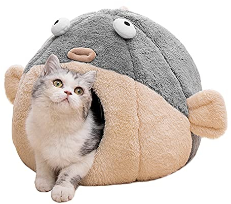 Katzenbetten für Indoor-Katzen – Katzenbett-Höhle mit abnehmbarem, waschbarem Kissen, weiche Plüsch-Baumwolle, keine Verformung, Haustierbett, Kugelfisch-Katzenhaus-Design, Grau, mehrere Größen (M)