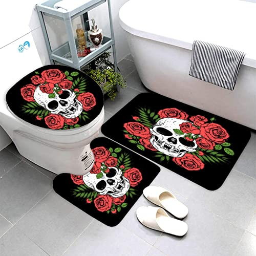 AOLIGL Badematte Skelett Und Rose Gothic Badematten Set rutschfest Waschbar Badgarnitur 3teilig - WC Deckelbezug U-förmigen Contour Badezimmerteppich Matte Flauschige Mikrofaser