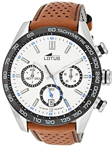 LOTUS Reloj Hombre 18915/1 Chrono Caja de Acero Inoxidable 316l Plateado Correa de Cuero Marrón