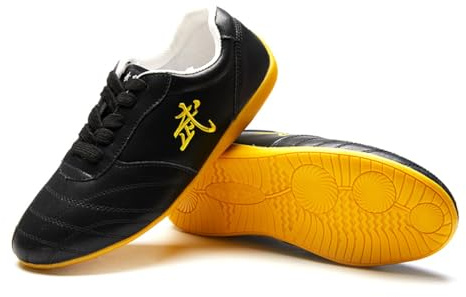 Ladies Kung Fu Shoes, Leather Martial Arts Sneakers Chinese Traditional Tai Chi Wing Chun Shoes for Women,Black,7