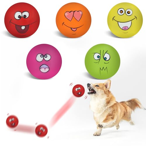 Coricorsu Quietschendes Hundespielzeug, Kauspielzeug, langlebiges Zahnen, Latex, Gummi, weich, interaktiv, Apportierspiel, Hundebälle mit lustigem Gesicht für Welpen, kleine, mittelgroße Haustiere (5