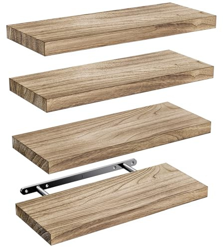 Amada Etagere Murale de Salon, Bois de Paulownia, Lot de 4, Brun Clair | Étagères murales à supports métalliques cachés, 10 kg par tablette, gabarit de perçage inclus, lot flexible de 4 pièces