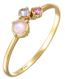 Elli Ring Damen Stapel Glamurös mit Mondstein, Tansanit und synth. Saphir in 585er Gelbgold