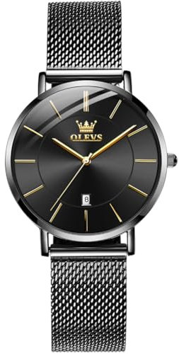 OLEVS Watches for Women Mode Einfachheit Analoger Quarz Kalender Uhren Schwarz Klassisches Runden Ultradünne Armbanduhr Damen Wasserdicht Edelstahl Mesh Armband Damen Armbanduhr
