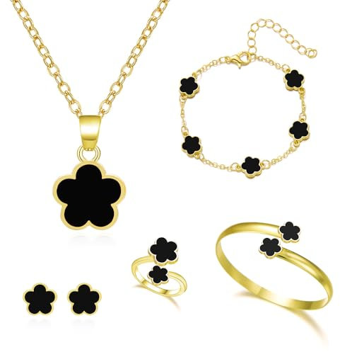 FDEETY Schmuck Set Glückliches Fünfblättriges Kleeblatt Legierung Schmuckset 5 Pcs Ring Ohrringe Armbänder Halskette ideal für Geschenke Besondere Anlässe und Frauen(Schwarz)