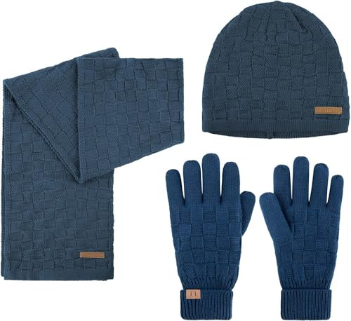 normani Elegantes Winterset aus Merinowolle bestehend aus Mütze, Schal und Handschuhe für Herren und Damen Farbe Marine