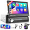 2G+64G Android Autoradio 1 Din 7 Zoll Autoradio mit Manuell Einziehbarer Bildschirm Wireless Carplay Android Auto Navi GPS Mirror Link Bluetooth FM/RDS Radio WiFi DVR/DAB+/OBD2 Rückfahrkamera