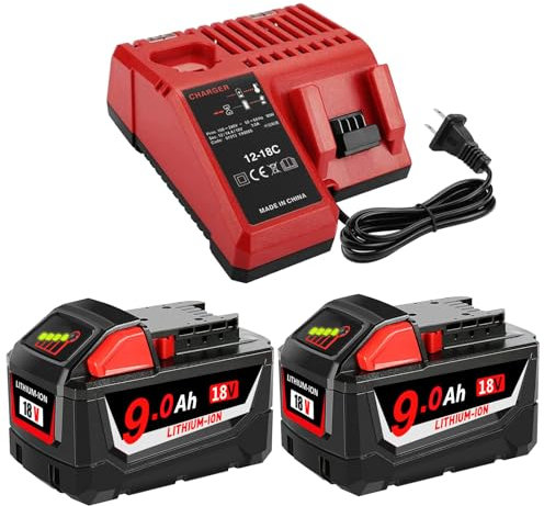 2 Stück 9.0Ah 18V Ersatzakku mit 1 Stück Ladegerät für Milwaukee M18 Akku Pack Kompatibel mit Milwaukee M18 Lithium Akku 48-11-1890,48-11-1850, 48-11-1828, 48-11-1820,48-11-1815 (9.0Ah-C)
