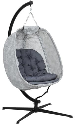 Outsunny Hanging Egg Chair Outdoor Indoor Garden Swing Chair with Folding Basket, Garden Hanging Chair with Stand, Thickened Cushion, Cup Holder for Patio, Balcony, Grey