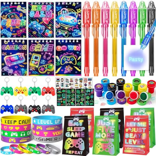 Video Game Party Bag Fillers for Kids Gaming Party Bags Notebooks Invisible Ink Pen Stamp Silicone Bracelet Keychains Luminous Stickers Party Favours Kids Neon Birthday Party Supplies Pinata Boys