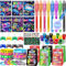 Video Game Party Bag Fillers for Kids Gaming Party Bags Notebooks Invisible Ink Pen Stamp Silicone Bracelet Keychains Luminous Stickers Party Favours Kids Neon Birthday Party Supplies Pinata Boys