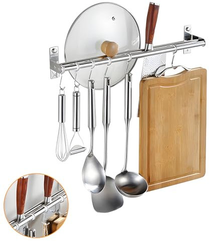 Guittly Kitchen Utensil Rack Stainless Steel, 40CM Pot Pan Hanger Rack Dual-rail, Kitchen Utensil Rail Holder with 6 Movable Hooks (Silver)