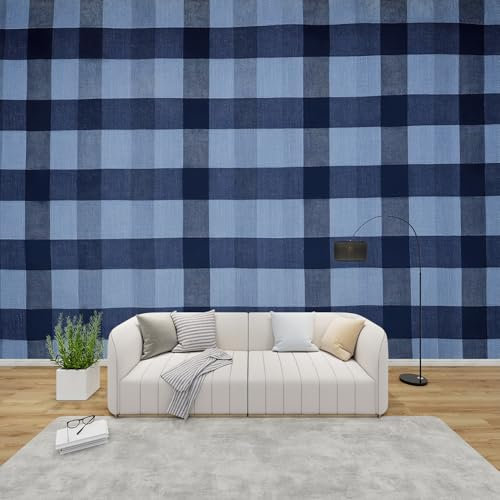 QEODAH Checkered Wallpaper for Living Room, Navy Blue Check Plaid Wall Art for Bedroom, Gingham Wall Murals for Bedrooms, Renter Friendly Removable Waterproof Non-Woven Photo Wallpaper 3D, 100x70 cm