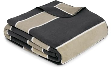 Ibena Kotor Decke 150x200 cm - Baumwollmix weich, warm & waschbar, Kuscheldecke dunkelgrau beige Blockstreifen