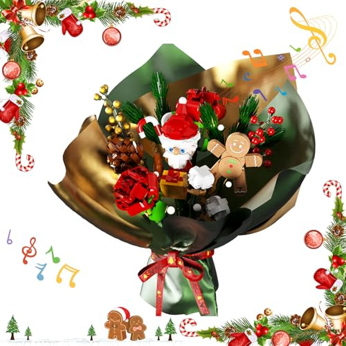 Santa Claus Flower Bouquet Building Set– Christmas Rose Artificial Music Box Toy Creative for Adults