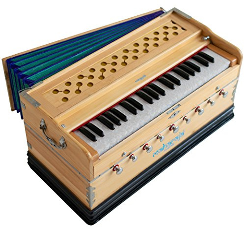 Harmonium von Maharaja Musicals, in USA, 9 Blenden, 3 1/2 Oktave, Doppelblatt, Koppler, natürliche Farbe, Standard, gepolsterte Tasche, A440 gestimmt, Musikinstrument Indian Sangeeta (PDI-ABG)