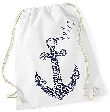 Turnbeutel Anker Vögel Hipster Beutel Tasche Anchor Birds Stringbag Beuteltasche weiß