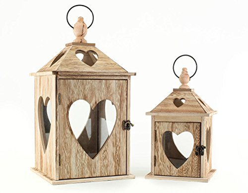 2er Set Laternen aus Holz und Glas mit Herz Herzfenster - Windlichter Farbe braun - Tischlaternen Holzlaternen Gartenlaternen Landhaus Dekoration