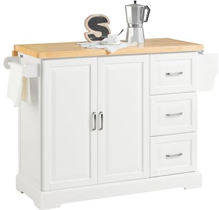 SoBuy Carro de Cocina con Ruedas Isla de Cocina Rodante con Encimera Extensible, 2 Cajones y Estantes Ajustables Mueble Auxiliar de Almacenamiento para Cocina Blanco 130 x 46-71 x 91 cm FKW41-WN