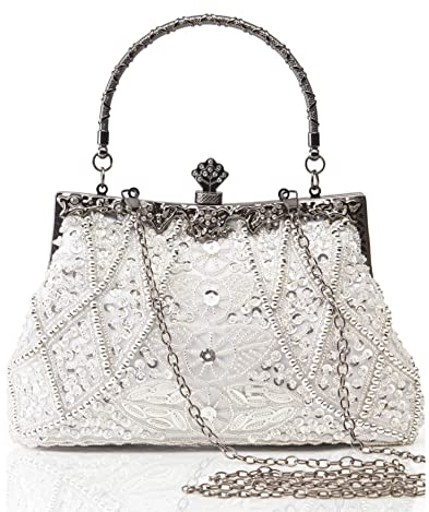 BABEYOND Abend-Clutch-Geldbörse für Damen – Vintage-Abendtasche, Zubehör für Damen, Gatsby 1920er Jahre, Perlen-Pailletten, Perlen-Clutch, Weiss/opulenter Garten, Einheitsgröße