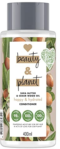 Love Beauty & Planet Après-Shampoing Femme Hydratation Radieuse, Beurre de Karité et Huile de Bois de Santal, Idéal pour cheveux secs, 97% d'ingrédients d'origine naturelle, Vegan (Flacon de 400ml)