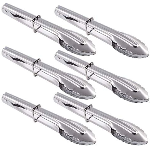 HINMAY Mini Stainless Steel Food Tongs with Silding Rings 7-Inch Service Tongs Small Kitchen Tongs, Set of 6 (Silver)