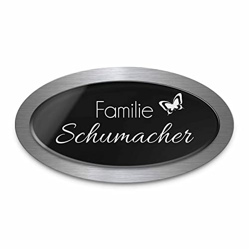 Premium Türschild aus Hochglanz Acrylglas und V2A Edelstahl | Namensschilder mit Gravur und Motiven Familienschild Türschilder für die Haustür mit Namen selbstklebend oder mit Bolzen 15x8 cm oval