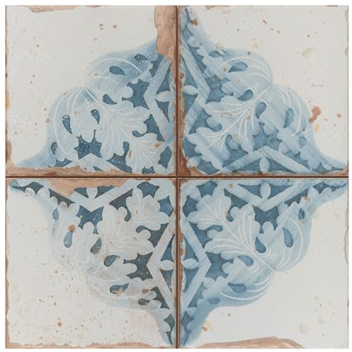 SomerTile FPEARTAD Artisan Decor - Piastrelle in ceramica per pavimenti e pareti, 33 x 33 cm, colore: bianco e azzurro, 10 pezzi
