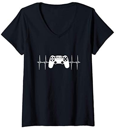 Damen Video Game Geek Controller Gamer Heartbeat On Gaming T-Shirt mit V-Ausschnitt