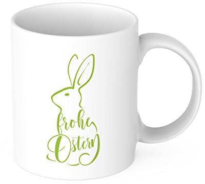 STEMPEL-FABRIK – Keramiktasse grün zweifarbig mit Aufdruck – Frohe Ostern mit Hasenmotiv – Kaffeetasse mit Spruch – bedruckte Kaffeetasse