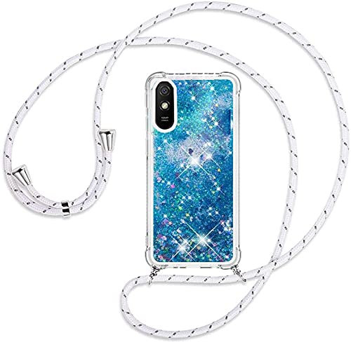 youmehe Flüssig Handyhülle für Xiaomi Redmi 9A,Bewegende Treibsand Rückschale Halsband Necklace Schutzhülle,Flüssig Bewegende TPU Silikon Case,Glänzend Flüssig,Halsband Kordel-Blau