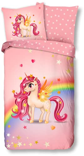 Aminata kids Bettwäsche Kinder 135x200 Mädchen Einhorn Baumwolle rosa pink mit Reißverschluss mit Regenbogen - Tier-Motiv Pferd - Wende Kinderbettwäsche für Einzelbett