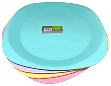 ECO 4 Pc Unbreakable Flat 27 x 27 cm Pastel Round Plastic Plates | Large Bright Flat Kids Plates | Stackable Plastic Plates Reusable for Birthdays, Picnic, BBQ & Parties (Pastel, Large)