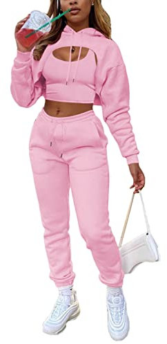 ORANDESIGNE Ensemble Sport Femme Chic Gilet + Haut Court à Capuche + Pantalons de Survêtement Sportswear Ensembles de 3 Pièces Survêtement Jogging Fitness Yoga A Rose M