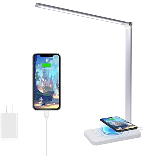 Lampada da Scrivania LED con Ricarica Wireless, lampada da tavolo con Luce Dimmerabile,10 livelli di luminosità 5 modalità di illuminazione, con porta di ricarica USB, Lampada Touch Control Pieghevole