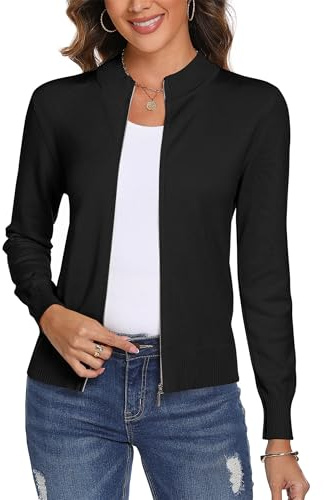 Totatuit Womens Zip Up Cardigan for Women Casual Lightweight Jacket Fashion Loose Knitted Sweater with Zipper Fall Tops Long Sleeve Sweatshirts Black M