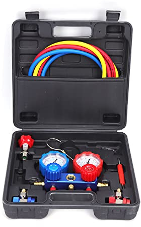 LENJKYYO Krümmer Manometer Set 2-Wege Klimaanlage Monteurhilfe R134a Klimaanlage Kältemittel Manifold Messgerät Klimaanlagen A/C Vakuumpumpe Manometersatz mit einem Hochleistungshaken