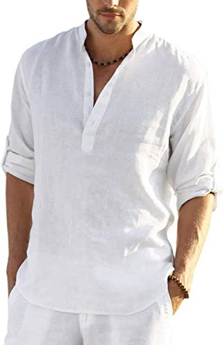 COOFANDY Herren Leinenhemd Langarmshirt Herren Henley Shirt Baumwolle Freizeithemd Casual Regular Fit Hippie Sommerhemd Weiß XL