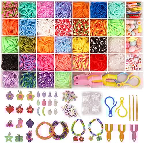 2500+ Loom Bänder Set, 40 Rastern Bunte Gummibänder Kit für Armbänder, DIY Elastisches Loombänder Kinder Armband Basteln mit Perlen Haken Charms Aufbewahrungsbox für Anfänger Junge Mädchen Geschenk