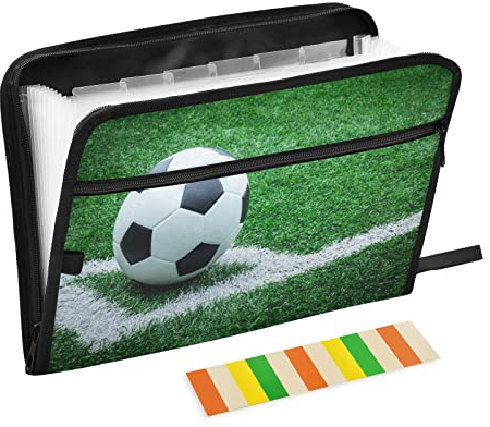 Kcldeci Fächermappe 13 Taschen Fußball auf Fußballfeld Akkordeon Aktenordner Dokument Organizer Fächermappe mit Reißverschluss Aktenordner A4 Papier Dokument Akkordeon Ordner