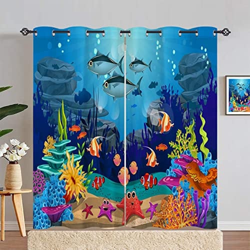 ANHOPE Underwater Curtains Eyelet 80% Blackout Room Darkening Curtains with Ocean Sea Animal Fish Print Pattern Light Blocking Window Drapes for Kids Bedroom Living Room 66 x 72 Inch Drop 2 Panels