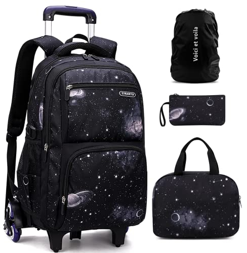 3PCS Schulrucksack Trolley Jungen Schulranzen mit Rollen Kinder Wanderrucksack Schultasche Kinder Koffer Rucksack mit Rollen Mädchen Teens Galaxy Schwarz 30x23x46cm