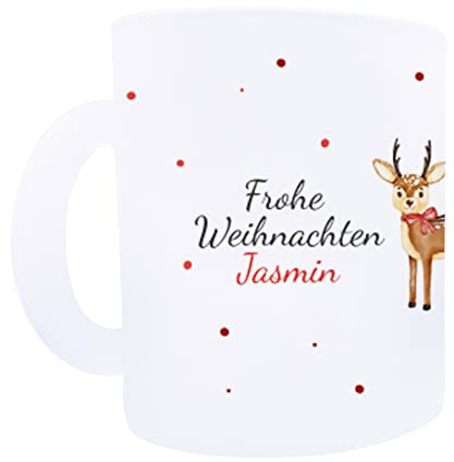Personalisierte Glastasse Glitzer Tasse Weihnachtstasse mit eigenen Namen. Schöne Geschenkidee für Oma, Opa, Mama, Papa, Freundin, Glühwein, Kakao, Kinder Nikolausgeschenk (Weihnachtsmann & Reh, Glas)